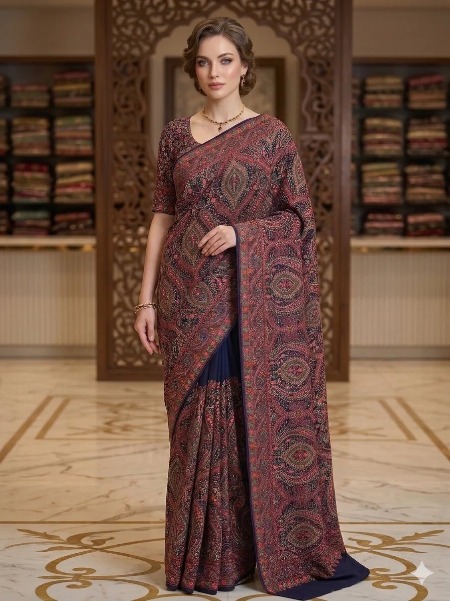 Chahek saree — hand-finished South Asian drape photographed in an elegant setting