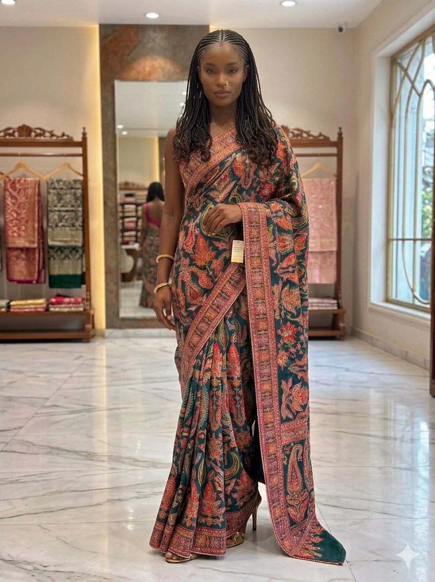 Chahek saree — hand-finished South Asian drape photographed in an elegant setting