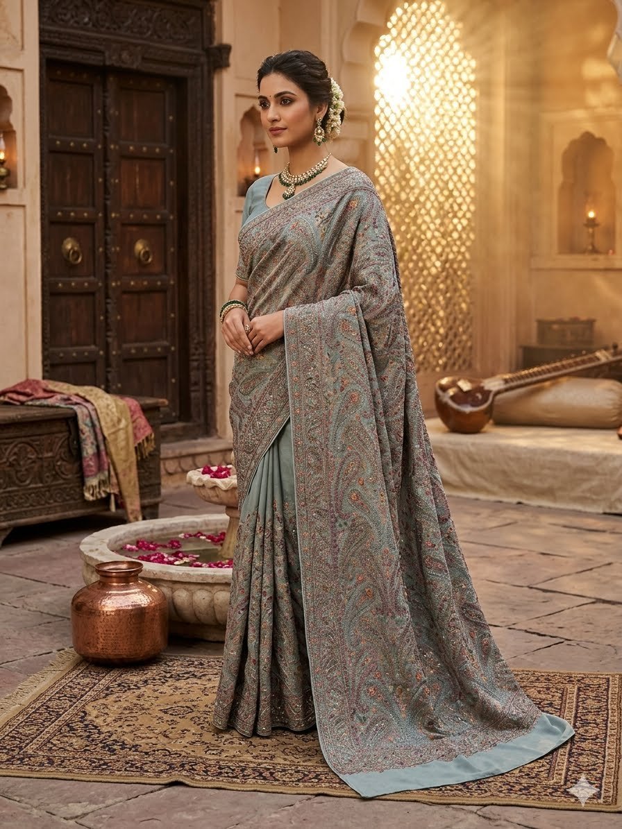 Chahek saree — hand-finished South Asian drape photographed in an elegant setting