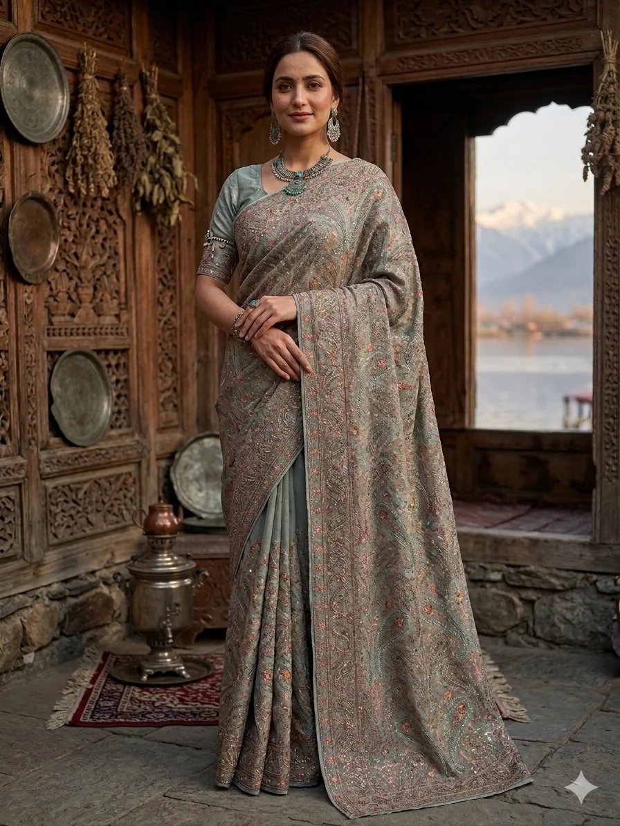 Chahek saree — hand-finished South Asian drape photographed in an elegant setting
