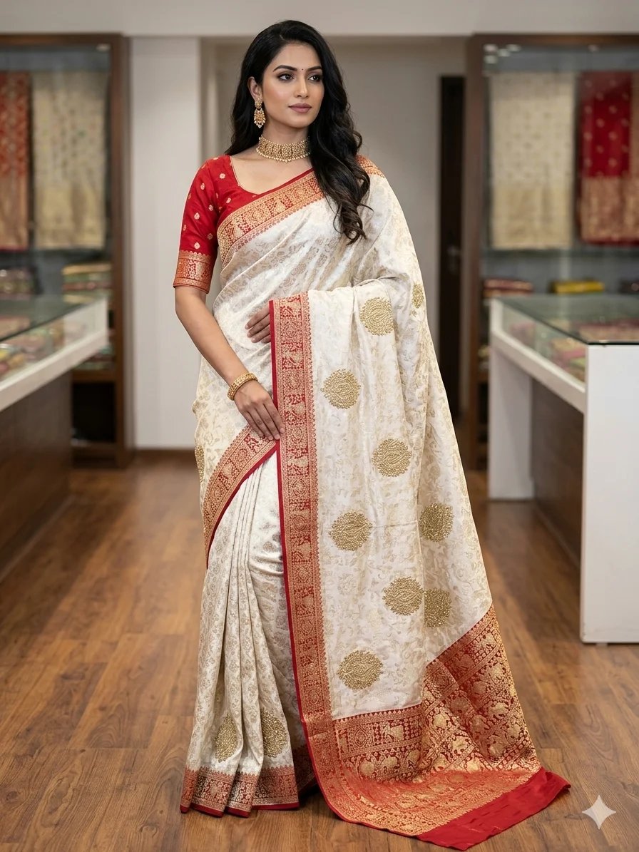 Chahek saree — hand-finished South Asian drape photographed in an elegant setting