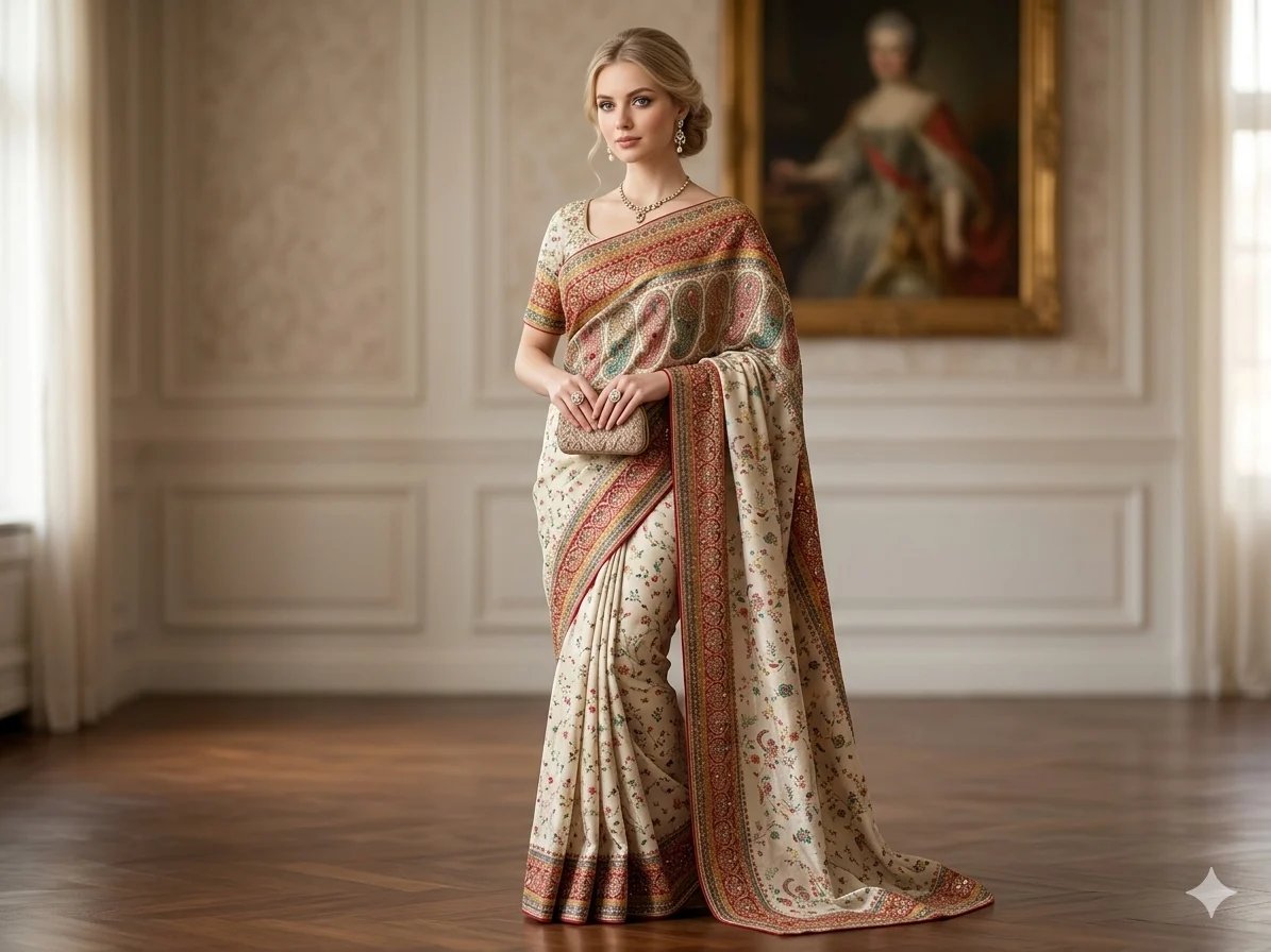 Chahek saree — hand-finished South Asian drape photographed in an elegant setting