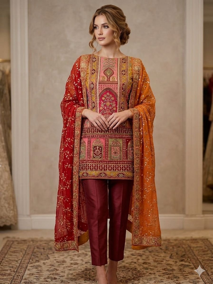 Chahek shalwar suit — embroidered tunic with matching dupatta