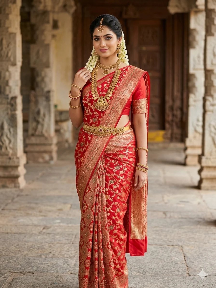 Chahek saree — hand-finished South Asian drape photographed in an elegant setting