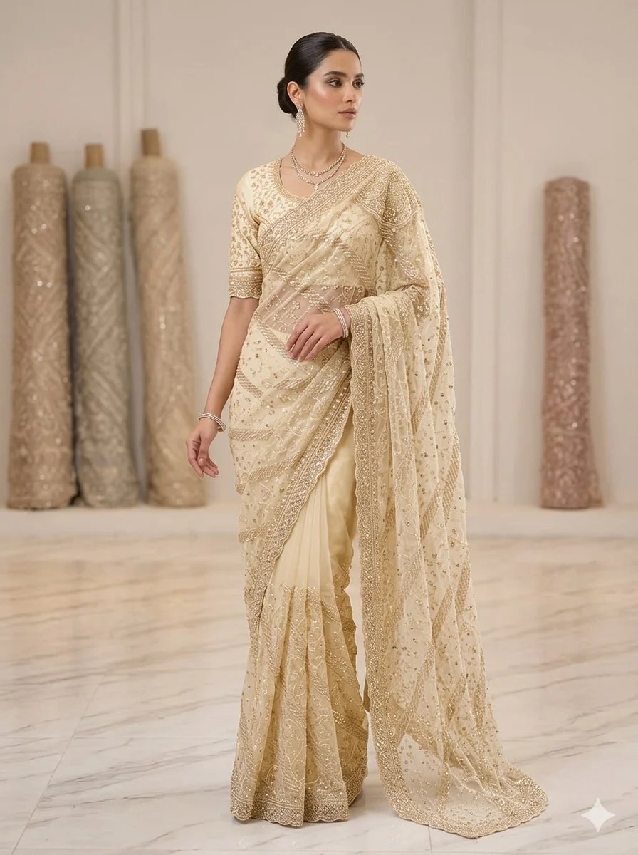 Chahek saree — hand-finished South Asian drape photographed in an elegant setting