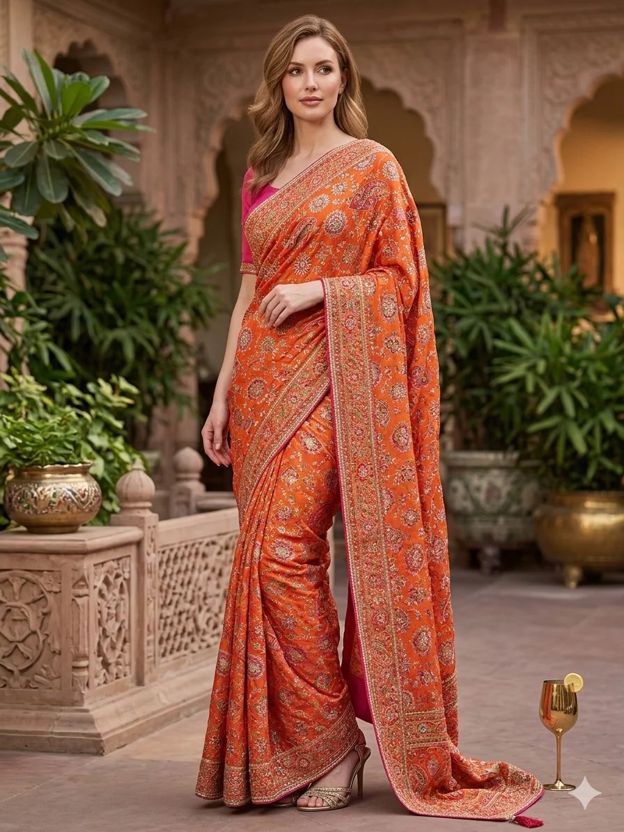 Chahek saree — hand-finished South Asian drape photographed in an elegant setting