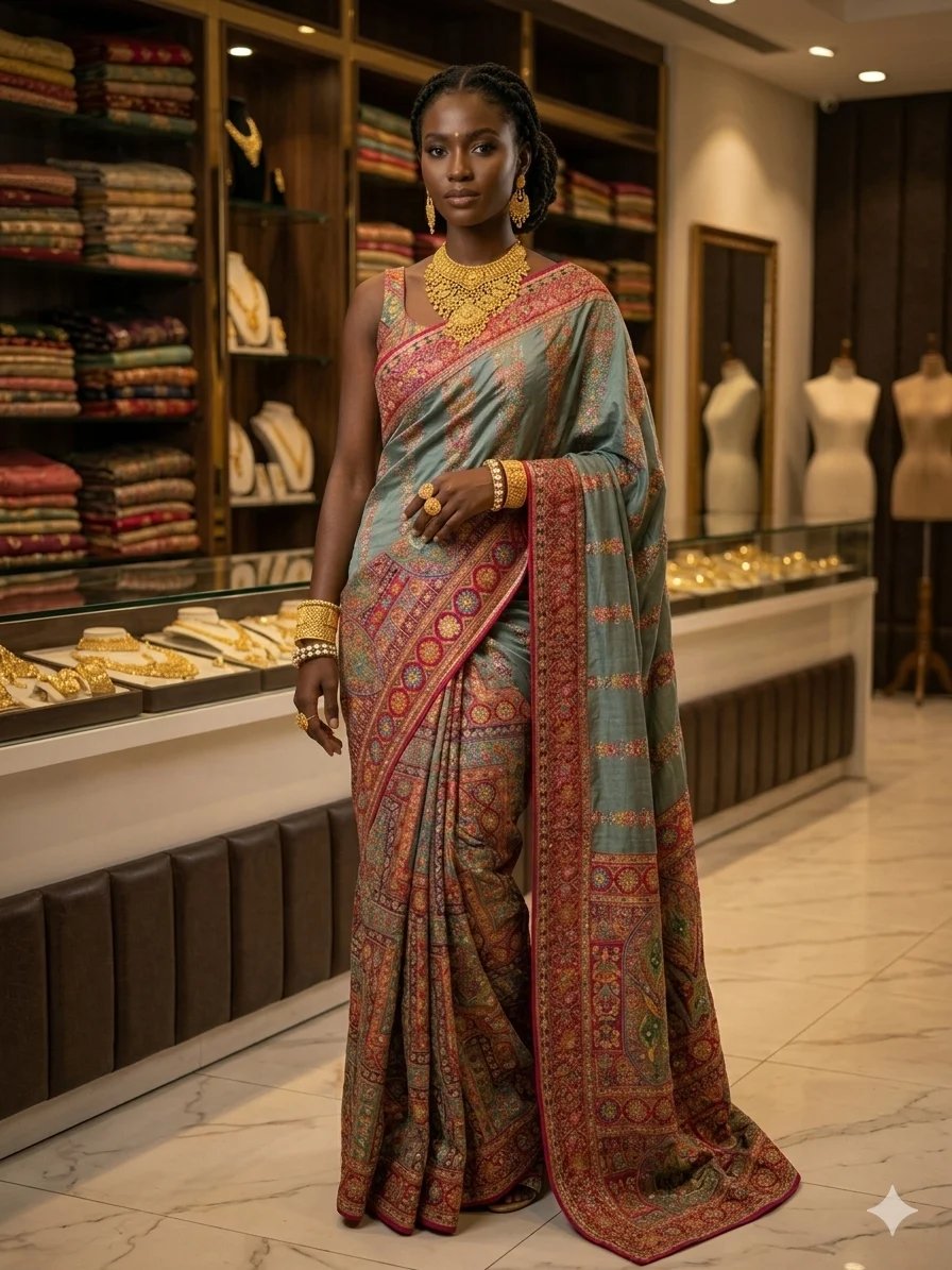 Chahek saree — hand-finished South Asian drape photographed in an elegant setting