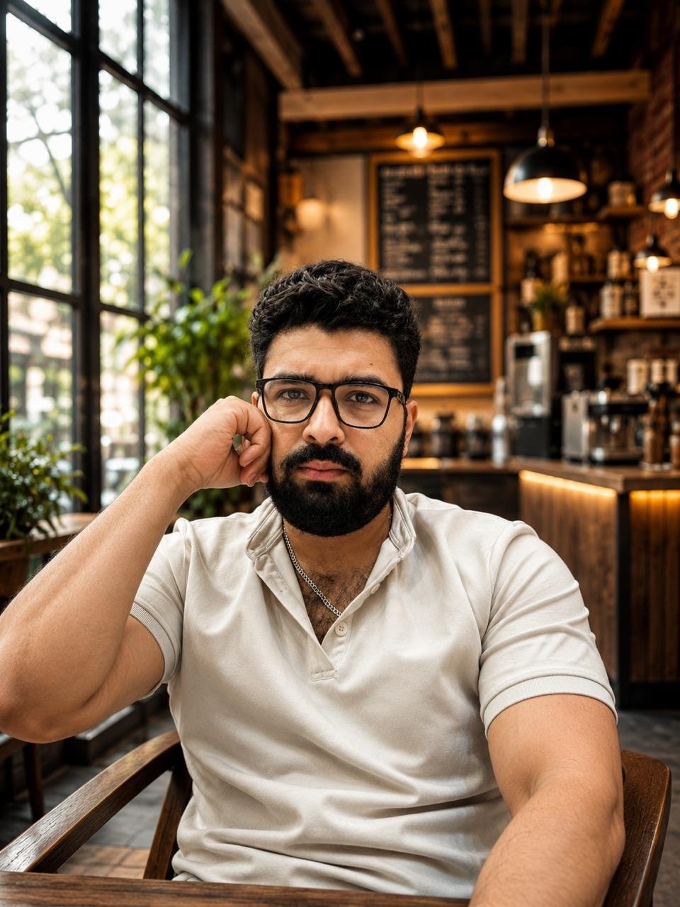 Ibraheem Malik — Brain behind Chahek — bearded man wearing glasses and a white polo shirt sitting in a modern cafe with wooden details and pendant lighting