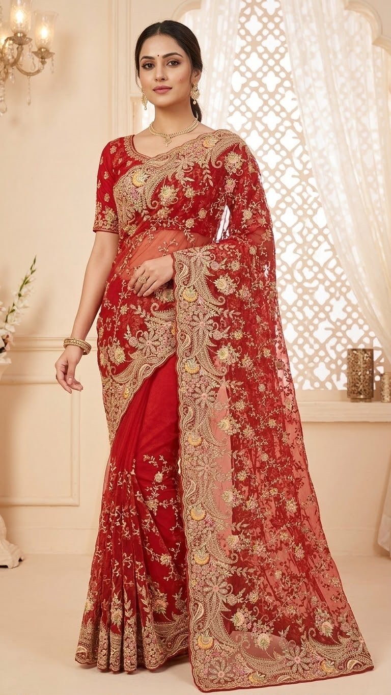 Chahek saree — hand-finished South Asian drape photographed in an elegant setting
