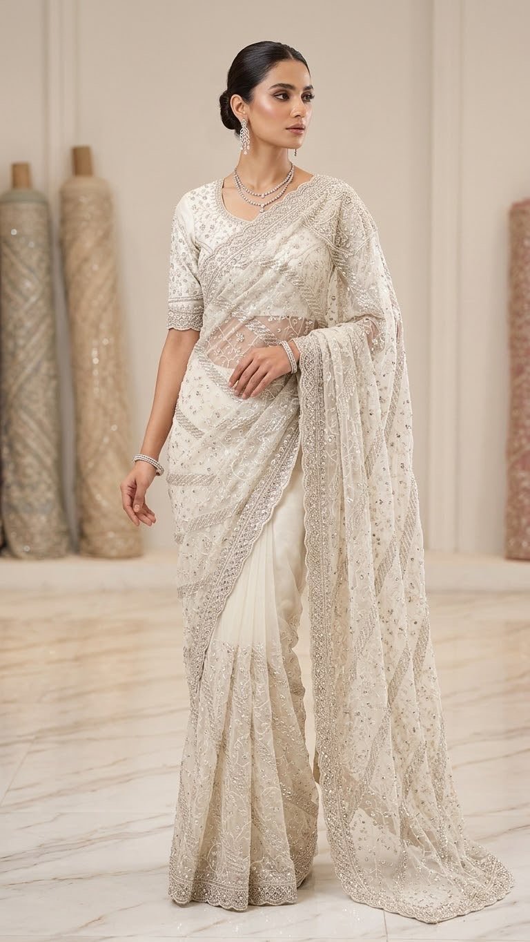 Chahek saree — hand-finished South Asian drape photographed in an elegant setting