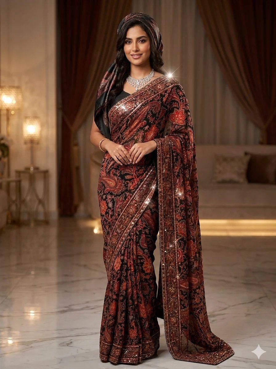 Chahek saree — hand-finished South Asian drape photographed in an elegant setting