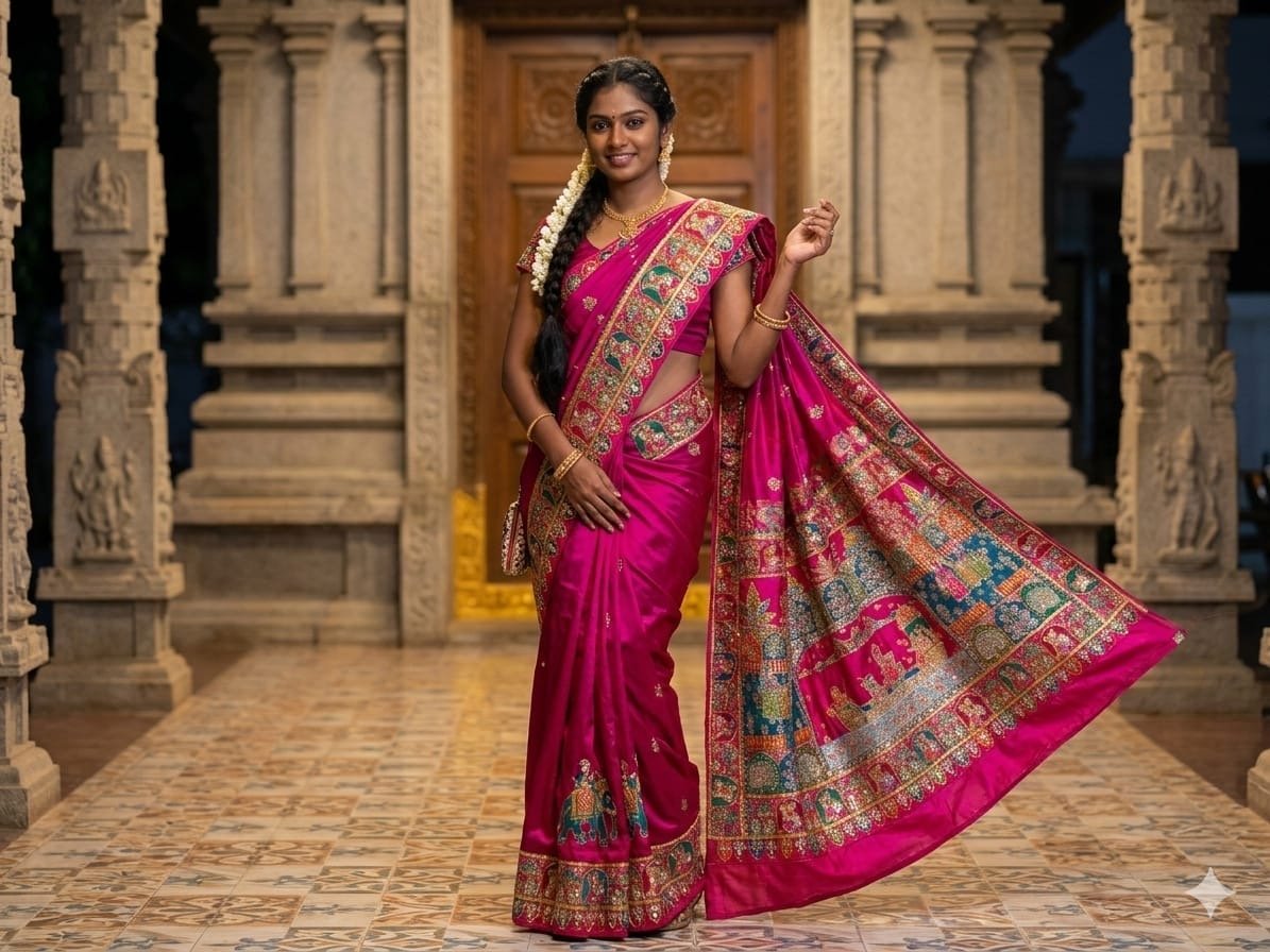 Chahek saree — hand-finished South Asian drape photographed in an elegant setting