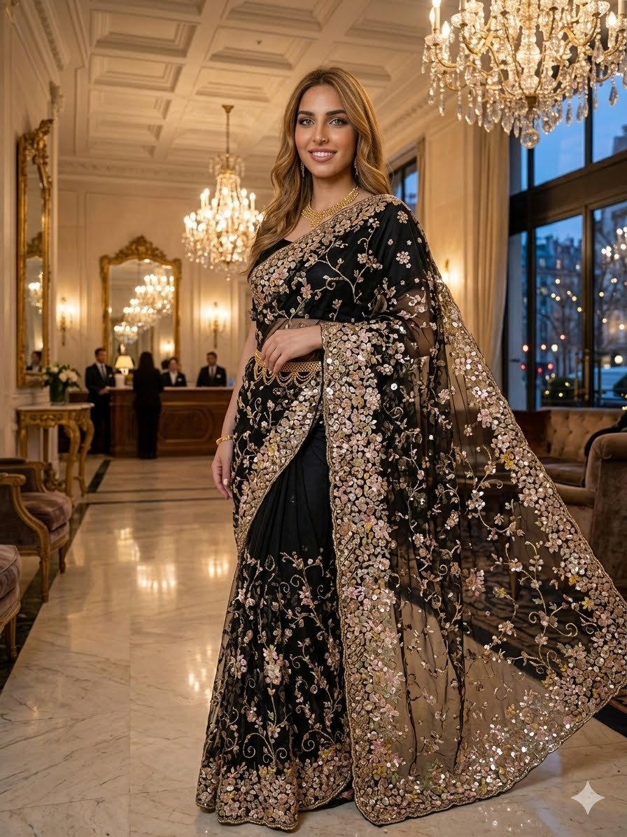 Chahek saree — hand-finished South Asian drape photographed in an elegant setting