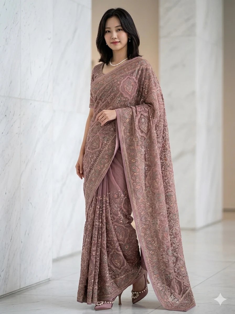 Chahek saree — hand-finished South Asian drape photographed in an elegant setting