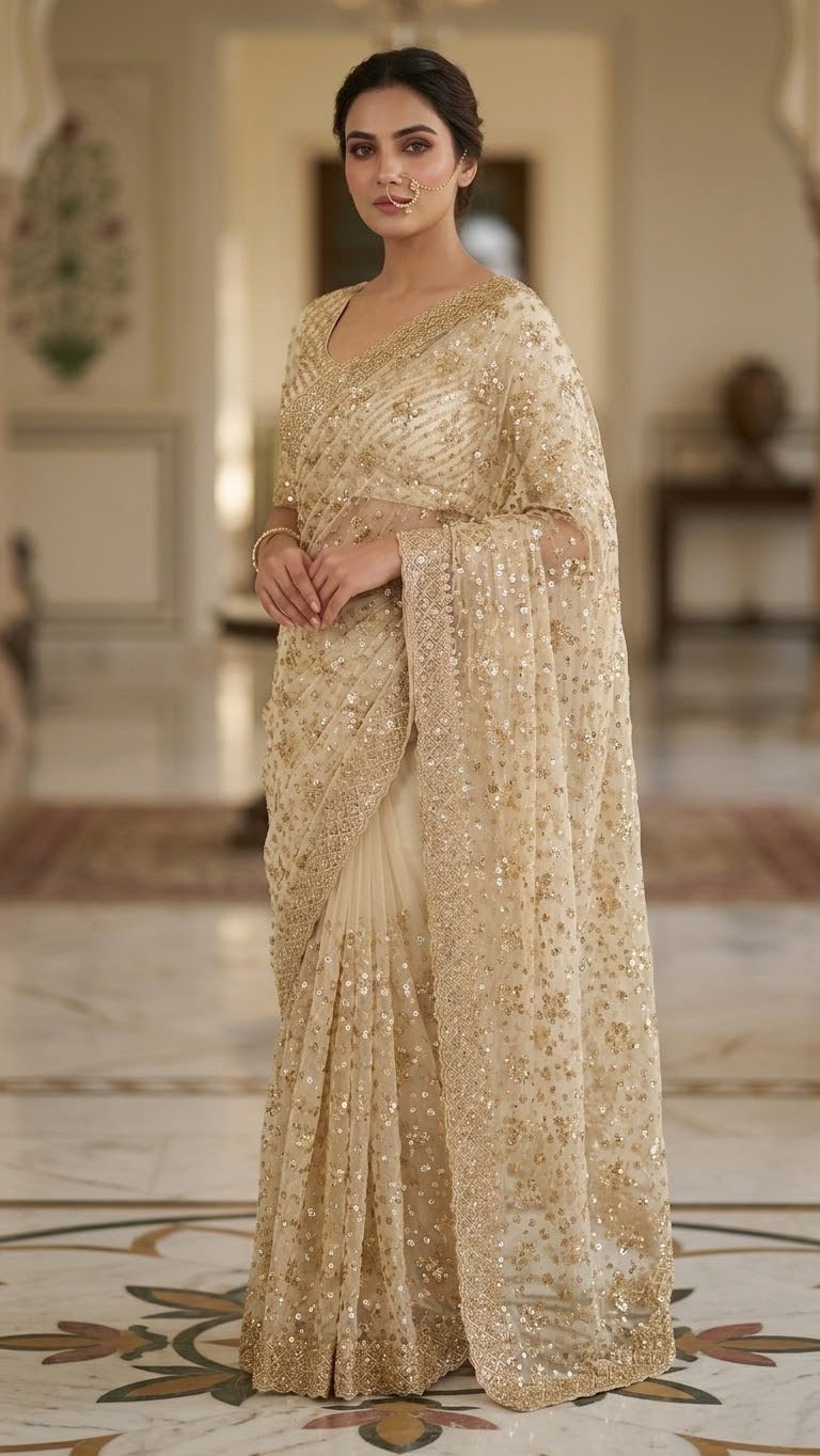 Chahek saree — hand-finished South Asian drape photographed in an elegant setting