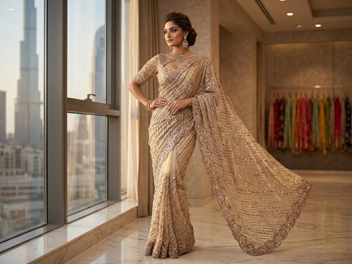 Chahek saree — hand-finished South Asian drape photographed in an elegant setting